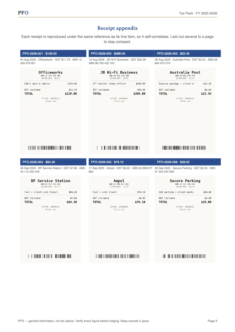 Sample Tax Pack — receipt appendix, several receipts per page