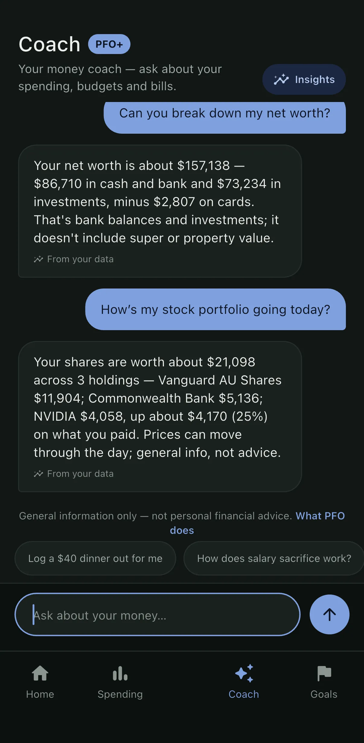 PFO AI coach answering from real account data